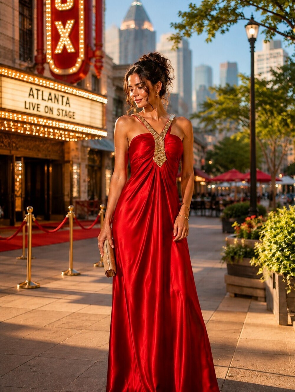 Red Satin Evening Gown Gold Beaded Halter Draped Formal Prom Maxi Dress